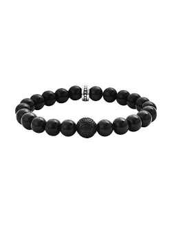 Natural Stone Elastic 9mm Beaded Bracelet with Black Good Fortune Piece