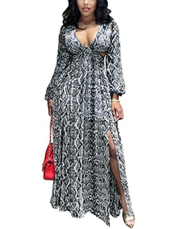 Ekaliy Women Sexy Deep V Neck Sleeveless Maxi Dress High Slit Embroidery Long Evening Dress Clubwear