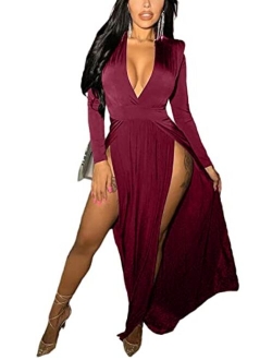 Ekaliy Women Sexy Deep V Neck Sleeveless Maxi Dress High Slit Embroidery Long Evening Dress Clubwear