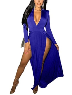 Ekaliy Women Sexy Deep V Neck Sleeveless Maxi Dress High Slit Embroidery Long Evening Dress Clubwear