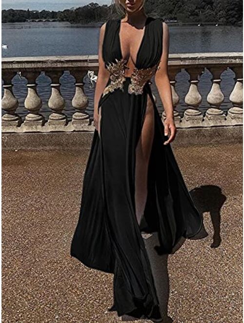 Ekaliy Women Sexy Deep V Neck Sleeveless Maxi Dress High Slit Embroidery Long Evening Dress Clubwear