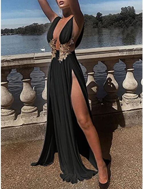 Ekaliy Women Sexy Deep V Neck Sleeveless Maxi Dress High Slit Embroidery Long Evening Dress Clubwear