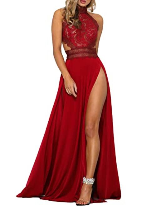 Ekaliy Women Sexy Deep V Neck Sleeveless Maxi Dress High Slit Embroidery Long Evening Dress Clubwear