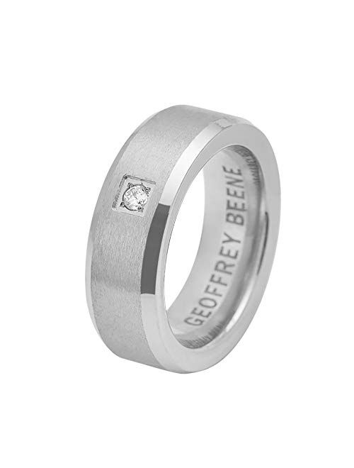 Geoffrey Beene Men's Stainless Steel Matte Finish Beveled Polished Edge Comfort Fit CZ Ring