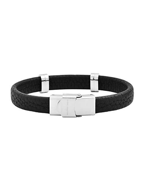 Geoffrey Beene Men's Genuine Leather Bracelet with Stainless Steel Cut-Out ID