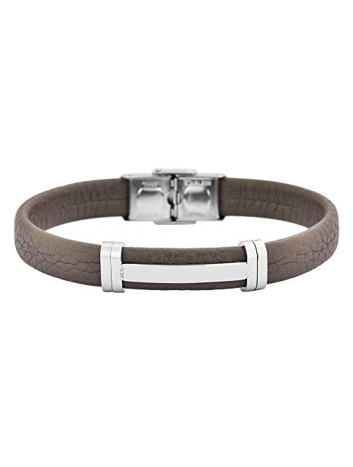 Geoffrey Beene Men's Genuine Leather Bracelet with Stainless Steel Cut-Out ID