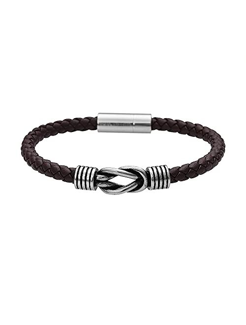 Geoffrey Beene Men's Braided Genuine Leather Knot Bracelet with Stainless Steel Magnetic Closure