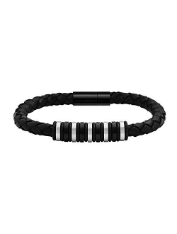 Men's Genuine Braided Leather Bracelet with Stainless Steel Rubber Ornaments