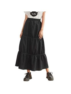 Women's Casual Solid Longline Pleated Long Skirt