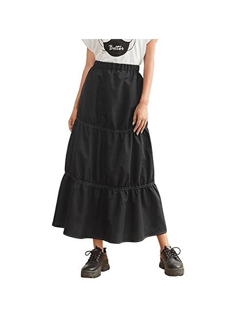 SweatyRocks Women's Casual Solid Longline Pleated Long Skirt