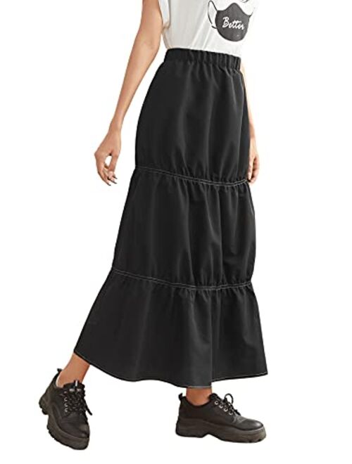 SweatyRocks Women's Casual Solid Longline Pleated Long Skirt