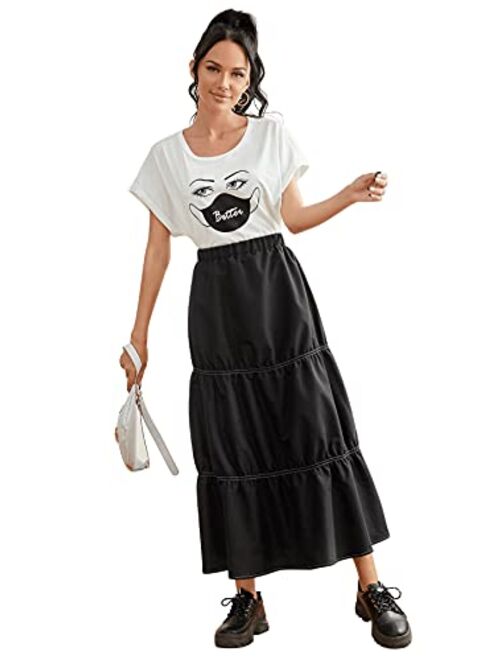 SweatyRocks Women's Casual Solid Longline Pleated Long Skirt