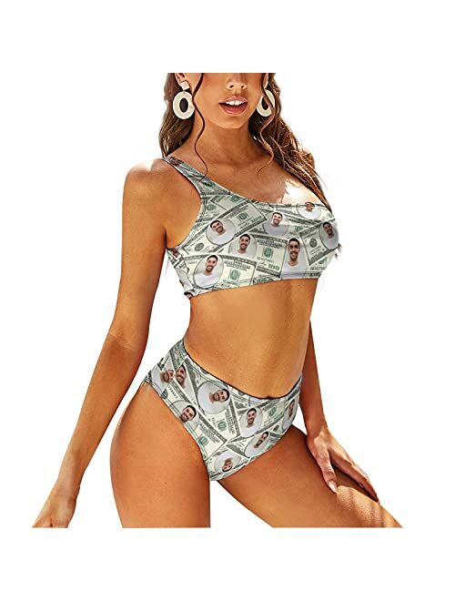 Artsadd Custom Seamless face Women's One Shoulder & High-Waisted Bikini Swimsuit Personalized Bathing Suits