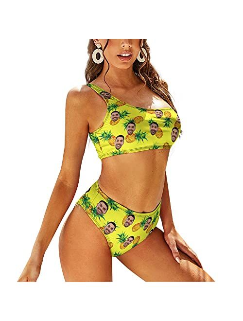 Artsadd Custom Seamless face Women's One Shoulder & High-Waisted Bikini Swimsuit Personalized Bathing Suits