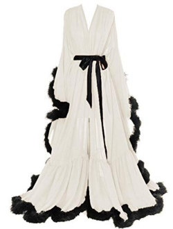 Molisa Women's Sexy Feather Bridal Robe Long Wedding Scarf Illusion Bathrobe Sleepwear Lingerie Robe Nightgown