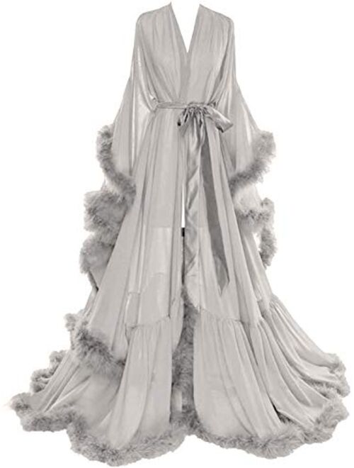 Molisa Women's Sexy Feather Bridal Robe Long Wedding Scarf Illusion Bathrobe Sleepwear Lingerie Robe Nightgown