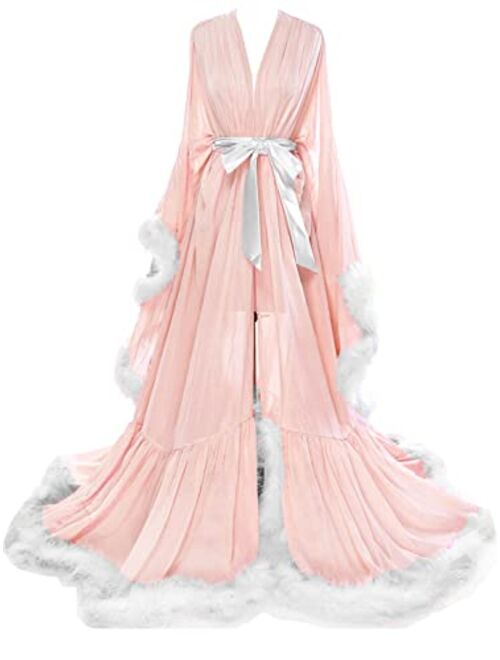 Molisa Women's Sexy Feather Bridal Robe Long Wedding Scarf Illusion Bathrobe Sleepwear Lingerie Robe Nightgown