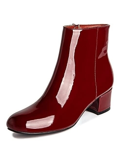 Women's Patent Leather PU Booties Low Mid Block Heel Ankle Boots Slip On Side Zippers Round Toe Short Boots