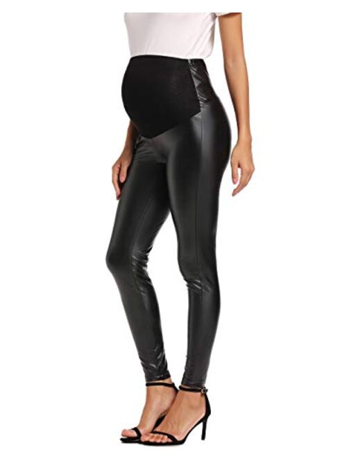 Foucome Maternity Faux Leather Leggings High Waisted Stretchy Comfy Pants Tights Over The Belly