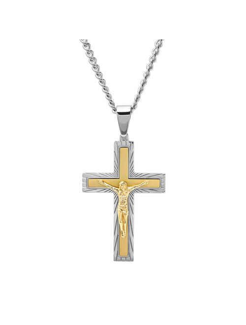 Two Tone Stainless Steel Crucifix Pendant Necklace