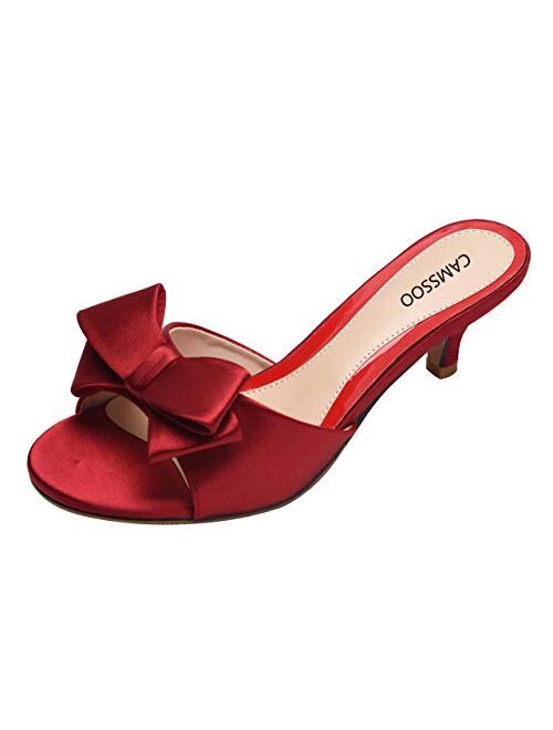 Camssoo Women's Satin Kitten Heels Mules Sandals Slip On Bowknot Open Toe Backless Dress Sexy Low Heeled Slipper Slides