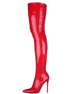 Women's Patent Leather PU Thigh High Boots Pointy Toe Side Zippe Fashion Comfy Sexy Stiletto High Heel Over The Knee Boots