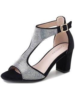 Women's T-Strap Rhinestones Heeled Sandals Open Toe Wedding Party Sexy Dress Wedding Block Chunky Heels Pumps