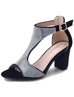 Women's T-Strap Rhinestones Heeled Sandals Open Toe Wedding Party Sexy Dress Wedding Block Chunky Heels Pumps