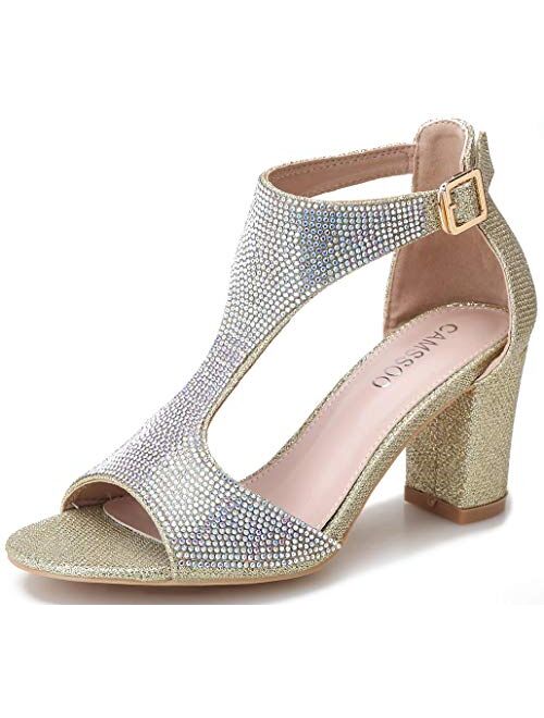 Camssoo Women's T-Strap Rhinestones Heeled Sandals Open Toe Wedding Party Sexy Dress Wedding Block Chunky Heels Pumps