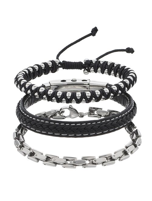 1913 Men's 3-piece Stainless Steel Braided Leather Bracelet Set