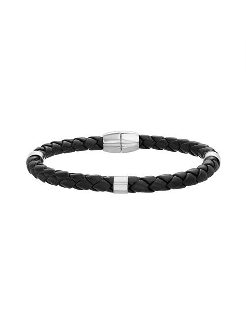 Men's 1913 Stainless Steel Stations Black Leather Bracelet