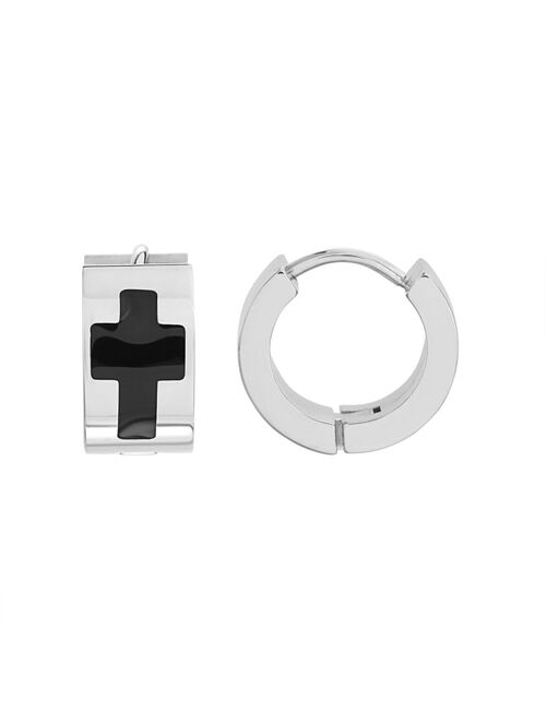 1913 Two Tone Stainless Steel Cross Huggie Hoop Earrings