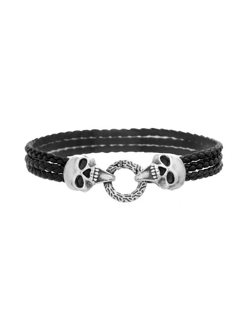 Men's Triple Strand Braided Leather Stainless Steel Skull Bracelet