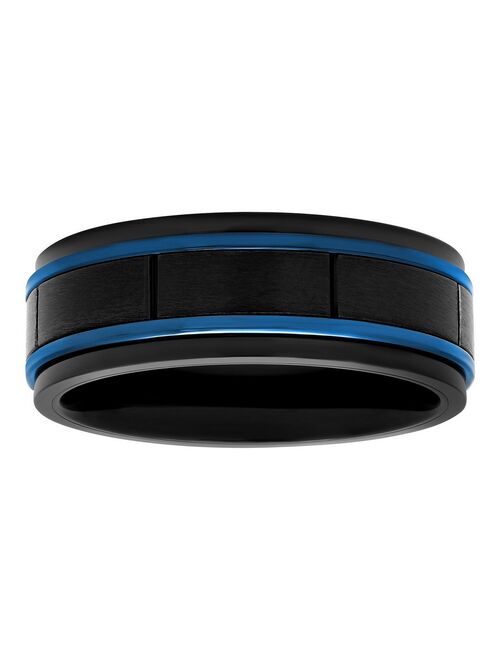 Men's Black & Blue Stainless Steel Grooved Wedding Band