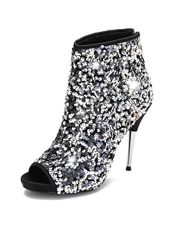 Women's Colorful Sequin Stiletto Boots Peep Toe Rear Zipper Sexy Dress Wedding Glitter High Heels Sandals Ankle Boots