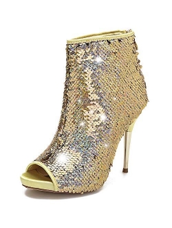 Women's Colorful Sequin Stiletto Boots Peep Toe Rear Zipper Sexy Dress Wedding Glitter High Heels Sandals Ankle Boots