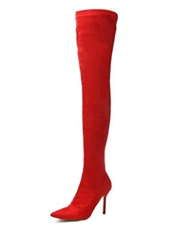 Women's Thigh High Boots Faux Suede Elasticity Heels Over The Knee Boots Side Zip Pointed Toe Fashion Sexy Winter Stiletto Knee High Boots