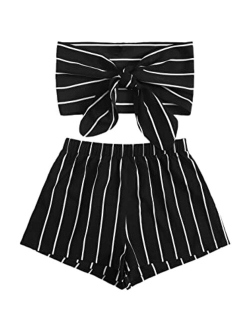 Women's 2 Piece Outfit Tie Front Crop Tube Top and Striped Shorts Set