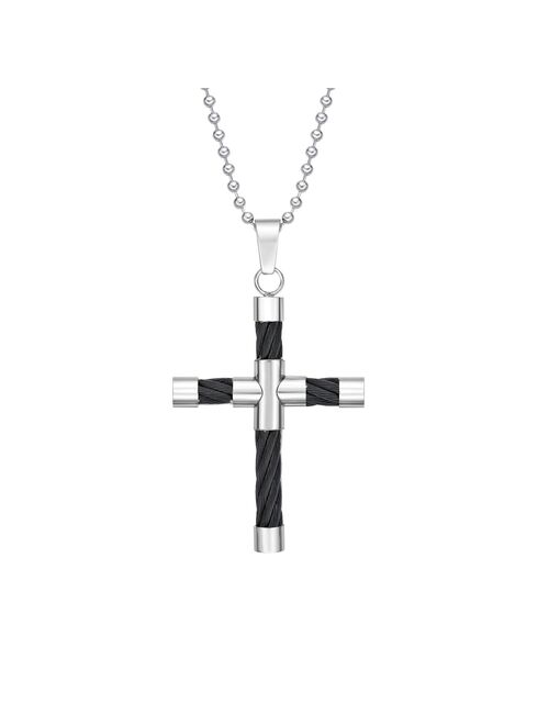 Men's LYNX Stainless Steel Cable Cross Pendant Necklace