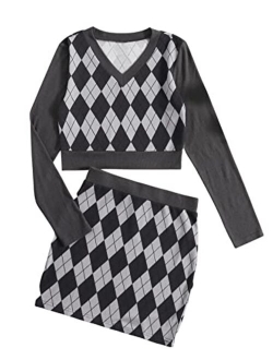 Women's Argyle Print 2 Piece Outfits Long Sleeve Crop Top and Mini Skirt Set