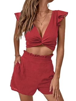 Women's 2 Piece Outfits Twist Front V Neck Tee Top and Paper Bag Waist Shorts