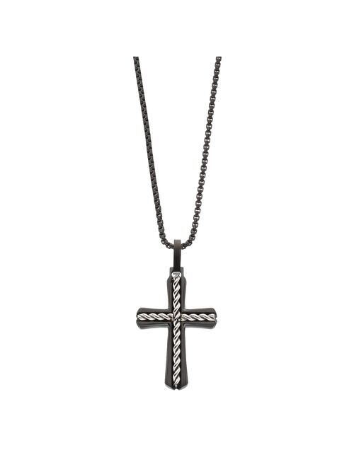 LYNX Men's Two Tone Stainless Steel Textured Cross Pendant Necklace