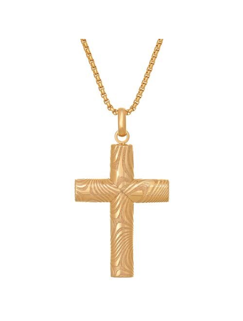 LYNX Men's Gold Tone Damascus Steel Cross Pendant Necklace