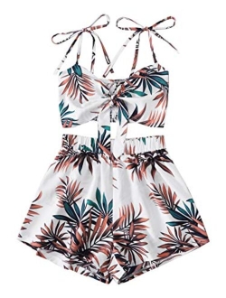 Women's Plus Size 2 Piece Outfits Graphic Print Tie Front Cami Crop Top and Shorts Set