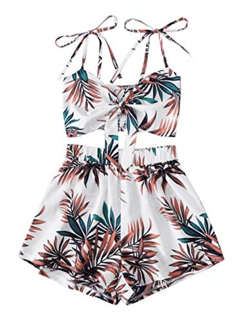 SweatyRocks Women's Plus Size 2 Piece Outfits Graphic Print Tie Front Cami Crop Top and Shorts Set