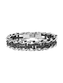 Two Tone Ion-Plated Stainless Steel Sideways Cross Railroad Bracelet - Men