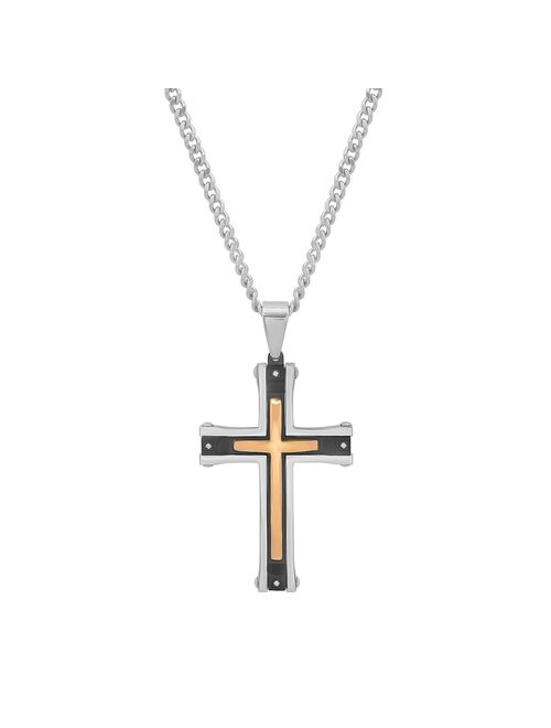 Men's Tri Tone Stainless Steel Diamond Accent Cross Pendant