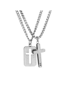 Men's Oxidized Stainless Steel Cross & Dog Tag Necklace Set