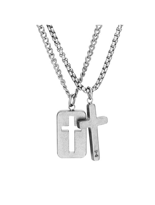 Men's Oxidized Stainless Steel Cross & Dog Tag Necklace Set