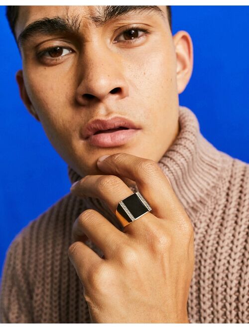 ASOS DESIGN oversized signet ring with black agate stone in gold tone